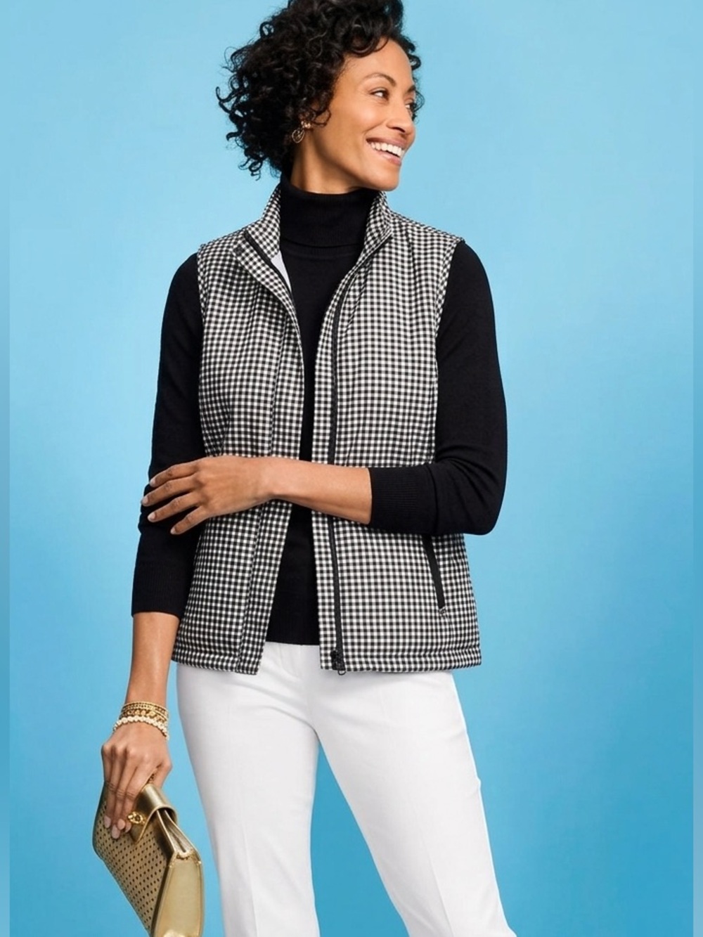 T by Talbots XLp Black & White Gingham Zip-Front terry cloth vest